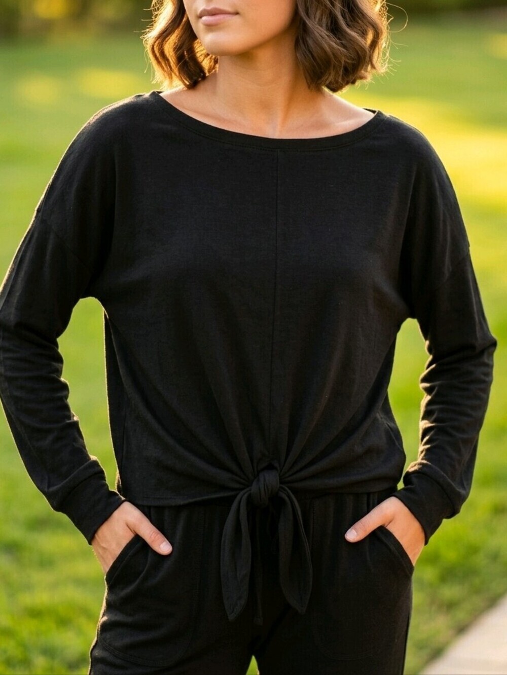 Garnet Hill Black Long Sleeve Tie-Front Top Size Medium